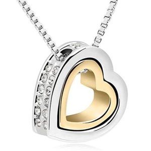 Double Love Heart Shaped Gold Plated and Crystals Pendant Necklace